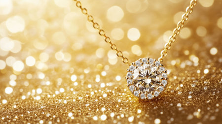 This captivating image features an elegant diamond necklace glistening against a golden background, perfectly showcasing luxury, beauty, and craftsmanship.の素材