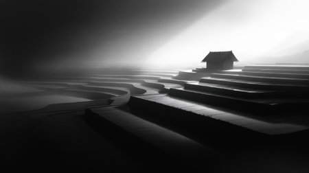 A captivating black and white depiction of rice terraces with an isolated house, enveloped in a misty atmosphere that evokes tranquility.の素材