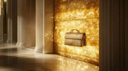 This stunning image features a leather handbag elegantly displayed against a shimmering golden wall, highlighting luxury design and exquisite lighting.の素材