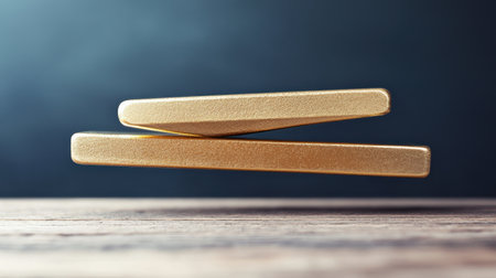 This artistic image showcases two glimmering gold bars positioned on a rustic wooden surface, emphasizing themes of wealth, luxury, and investment.の素材