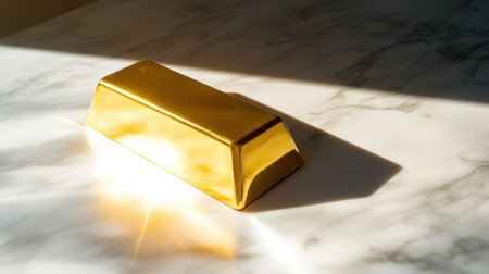 A striking gold bar rests elegantly on a smooth marble surface, illuminated by natural light that creates stunning reflections and shadows.の素材
