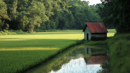 A tranquil scene featuring a rustic house beside a lush rice field, with calm water reflecting the surrounding greenery under bright sunlight.の素材