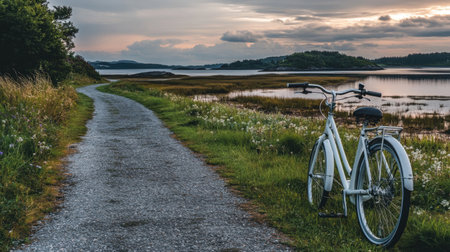 A serene image of a white bicycle resting beside a tranquil lake at sunset, with a picturesque pathway and lush greenery nearby. Perfect for nature lovers.の素材