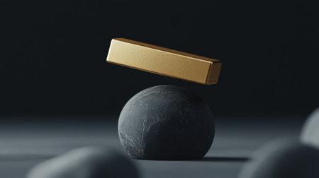 A gleaming gold bar perfectly balanced on a dark, textured sphere, creating an intriguing visual contrast in a minimalist setting with dramatic lighting.の素材