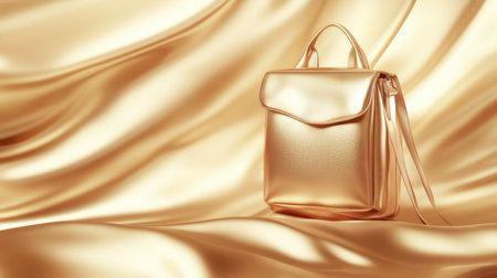 A stunning golden backpack rests elegantly on luxurious silk fabric, offering a blend of trend and sophistication. Perfect for fashion showcases and promotional content.の素材