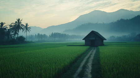 A tranquil rural scene at dawn showcasing lush green rice fields and a traditional hut, surrounded by misty mountains under a soft sky.の素材