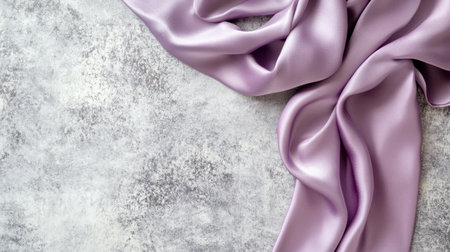 This image features a soft lilac satin fabric elegantly draped over a textured gray surface. The smooth folds create a stunning visual that enhances design projects.の素材