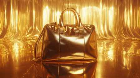 This stunning gold handbag is showcased on a reflective surface against a shimmering golden backdrop. The warm light creates an elegant ambiance, attracting attention.の素材
