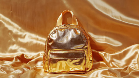 This stylish shiny gold mini backpack is beautifully placed on a luxurious satin backdrop, perfect for adding a touch of glam to any outfit.の素材