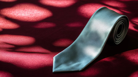 An elegant light blue tie is elegantly draped over rich red fabric, showcasing soft shadows and textures that create a stylish and sophisticated atmosphere.の素材