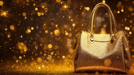 This stunning image features an elegant gold handbag set against a backdrop of shimmering sparkles and soft bokeh lights, perfect for luxury themes.の素材