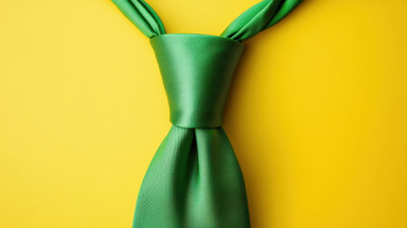 This vibrant green tie stands out against a bright yellow background, perfect for themes of fashion and professionalism, showcasing elegance and style.の素材