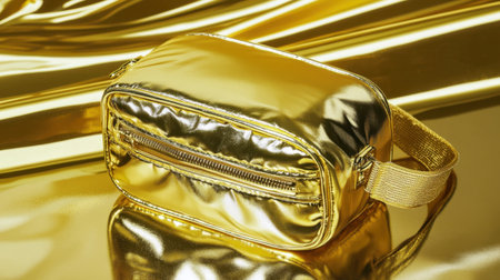 This sleek metallic gold cosmetic bag features a zipper closure and is perfect for storing beauty essentials. Its shiny finish adds a touch of glam to any setting.の素材