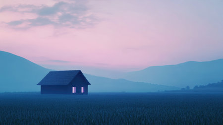 A tranquil scene showcasing an isolated house in a vast field during twilight, with soft hues of pink and blue in the sky and gentle hills in the background.の素材