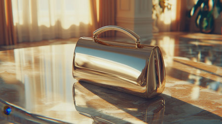 A sleek gold handbag prominently displayed on a polished marble surface, capturing the warmth of sunlight, ideal for fashion or luxury-themed projects.の素材
