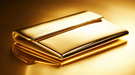 A stunning golden clutch rests on a reflective surface, showcasing its sleek design and luxurious appeal. Perfect for fashion and accessory themes.の素材