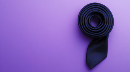 This image features a rolled black tie set against a smooth purple background. Ideal for projects related to fashion, formal wear, or accessories, this photo emphasizes elegance and style in a modern design.の素材