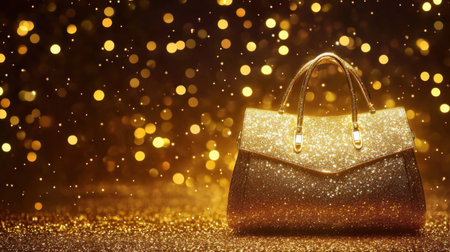A stunning golden handbag embellished with shimmering glitter set against a sparkling backdrop, exuding luxury and elegance for fashion advertisements.の素材