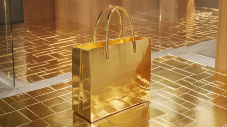 This striking image features an eye-catching golden handbag set against a luxurious modern interior. The shiny surfaces create a warm and elegant ambiance, perfect for fashion enthusiasts.の素材