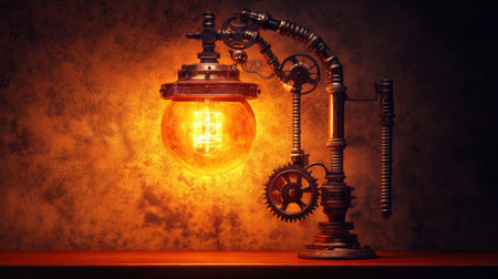 A stunning vintage industrial lamp featuring intricate mechanical elements and a warm glowing bulb, perfect for adding character to any space.の素材