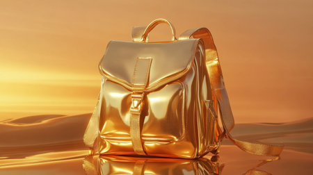This stunning golden backpack exudes luxury and style, featuring a reflective surface that catches warm sunset hues, creating an eye-catching visual.の素材