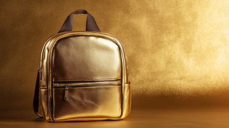 A stylish gold backpack with a smooth metallic finish stands out against a shimmering gold background, perfect for modern fashion and urban lifestyle.の素材