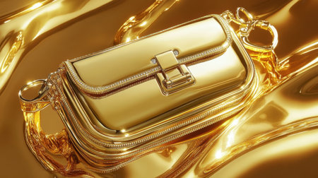A stunning golden metallic handbag rests elegantly on a reflective surface, showcasing its shiny texture and luxurious design, perfect for fashion imagery.の素材