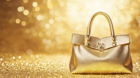 This striking image features an elegant gold handbag set against a shimmering golden backdrop. It embodies luxury and sophistication, perfect for fashion-themed projects.の素材