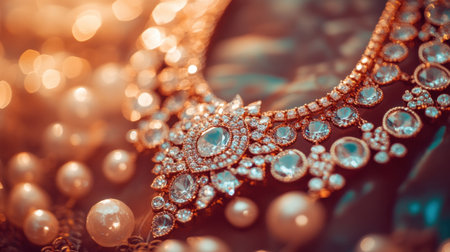 Close-up view of an elegant necklace featuring sparkling gemstones and round pearls, set against a warm bokeh backdrop that enhances its luxurious appeal.の素材