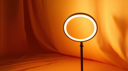 This image features a circular light source against a soft orange fabric background, creating a warm and inviting atmosphere perfect for modern decor.の素材