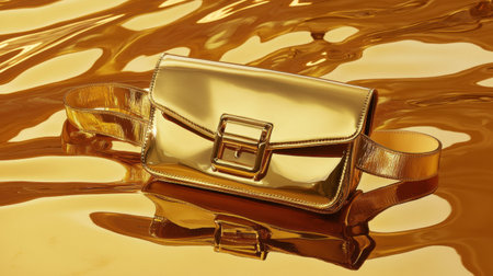 A stunning gold metallic handbag rests elegantly on a shimmering golden surface, showcasing a perfect blend of luxury and modern fashion aesthetics.の素材