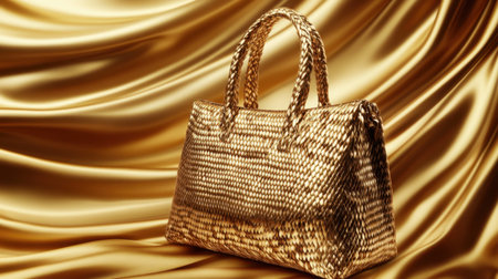 This elegant golden handbag is artistically displayed against a luxurious golden fabric backdrop, embodying a perfect blend of style and sophistication for fashion enthusiasts.の素材