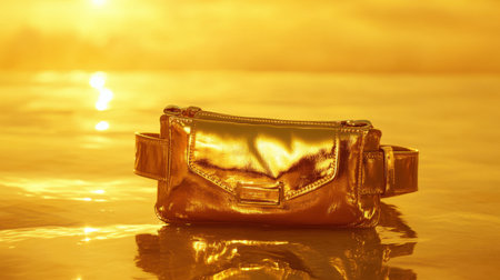 This stunning image features a golden bag resting on a reflective surface, bathed in warm sunlight during sunset, symbolizing luxury and style.の素材