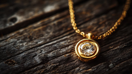 This captivating image features a stunning golden necklace with a brilliant diamond pendant, set against a rustic wooden background, conveying luxury and elegance.の素材