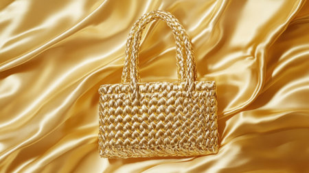 A stunning gold woven handbag elegantly placed on soft silk fabric, perfect for showcasing fashion accessories in promotional materials or lifestyle shoots.の素材