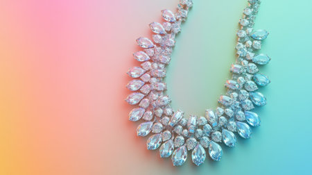 This exquisite necklace features sparkling gemstones arranged in a stunning design, creating an eye-catching accessory against a colorful background.の素材