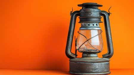 A vintage oil lantern featuring a rustic design set against a bright orange background. Perfect for creating a warm and nostalgic ambiance in home decor.の素材