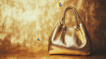 A stunning gold handbag elegantly placed on a shimmering gold background, perfect for fashion and lifestyle photography showcasing luxury items.の素材