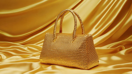 A stunning golden handbag elegantly placed on rich silk fabric, showcasing its luxurious shine and unique woven design. Ideal for fashion-focused themes.の素材
