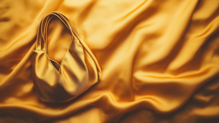 This captivating image features a stylish yellow handbag resting on sumptuous satin fabric, emphasizing elegance and luxury. The soft drapes create a visually appealing background, enhancing the overall artistic expression of the piece.の素材