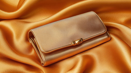 This image features a beautiful golden wallet elegantly resting on soft satin fabric, creating a luxurious and feminine atmosphere for fashion enthusiasts.の素材