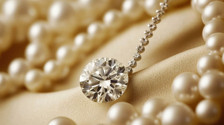 A stunning diamond pendant elegantly positioned on a bed of lustrous pearls, beautifully highlighted against a soft satin backdrop, perfect for luxury jewelry displays.の素材