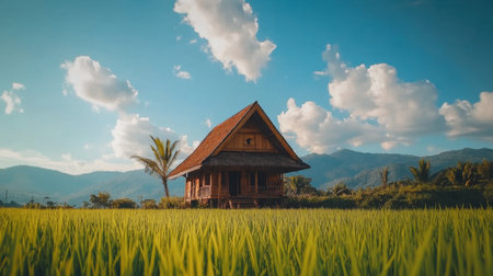 A picturesque traditional house nestled among vibrant rice fields, framed by majestic mountains and a clear blue sky adorned with fluffy clouds.の素材