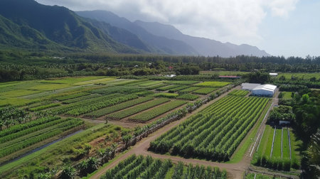 Stunning aerial view showcasing expansive agricultural fields surrounded by majestic mountains. The image captures the essence of nature and farming harmony.の素材