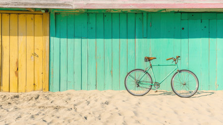 A charming vintage bicycle stands against a colorful wooden wall, creating a picturesque scene by the beach. The sandy foreground enhances the serene summer vibe.の素材