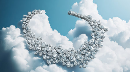This stunning diamond necklace appears to float effortlessly among soft clouds against a bright blue sky, showcasing its luxurious design and brilliance.の素材