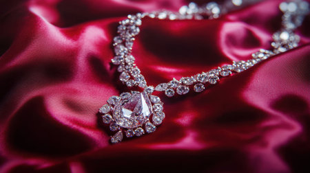 This stunning diamond necklace rests elegantly on a rich red satin background, highlighting its intricate design and luxurious appeal. Perfect for fashion and jewelry projects.の素材