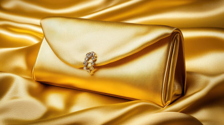 This stunning gold satin clutch purse features a jeweled clasp, elegantly displayed on luxurious golden silk. Perfect for evening events or special occasions, this accessory embodies sophistication and style.の素材