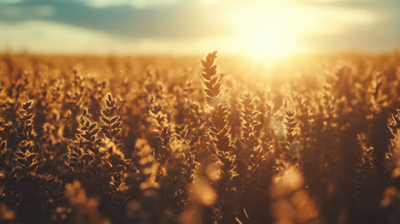 A stunning golden wheat field bathed in the warm glow of sunset, showcasing nature's beauty and tranquility in a serene rural landscape. This image captures the essence of agriculture and the peacefulness of the countryside.の素材