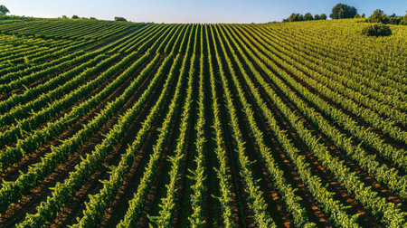 A breathtaking view of a vineyard showcasing lush green rows of grapevines stretching across a vast landscape, illuminated by the morning sun.の素材